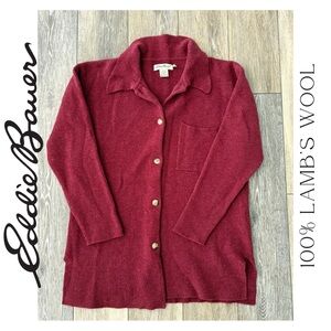 ✨ Eddie Bauer ✨ Vintage Deep Red 100% Lambswool Sweater Cardigan Women’s Small
